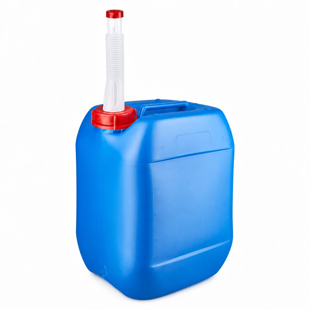 10 liters blå dunk med fleksibelt udløbsrør Blå 10-liters plastdunk med fleksibelt udløbsrør og rød skruelåg