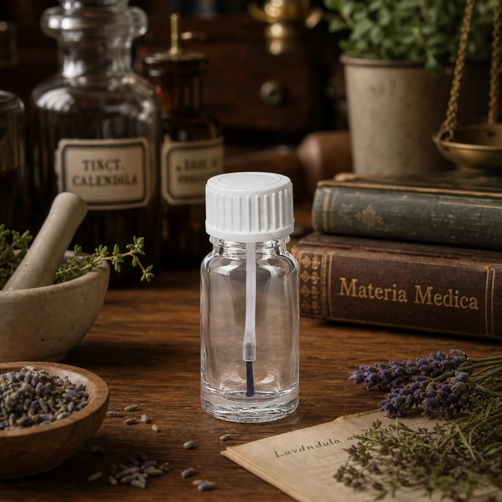 10 ml børsteflaske hvid STD ClearLine UT18/10 Lille 10 ml glasflaske med penselpåsætning i et apotekslignende miljø med lavendel og Materia Medica
