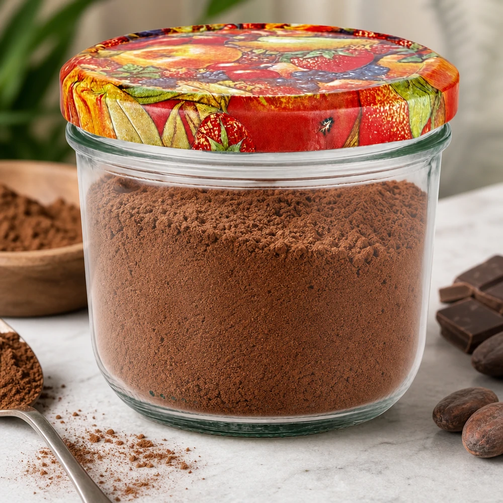 230 ml Briller + BasicSeal låg frugtdekoration UNiTWIST 230 ml glas fyldt med kakaopulver og farverigt BasicSeal frugtdekorationslåg omgivet af chokolade og kakao