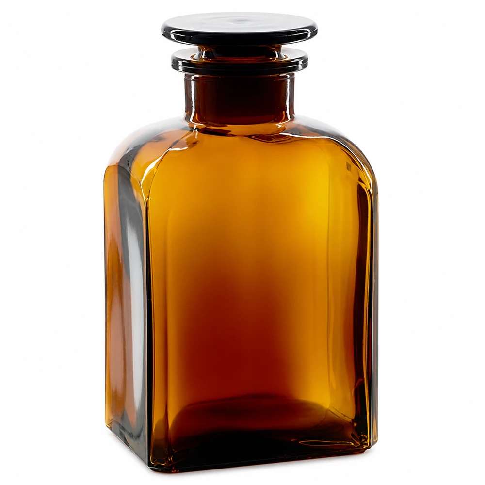 Firkantet flaske 500 ml brun glasprop med bred hals Firkantet flaske, 500 ml, brun, bredhalset, med glasprop, fremstillet af laboratorieglas af høj kvalitet