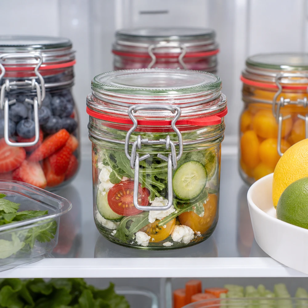 255 ml opbevaringsglas, type G, med bøjlelåg UN.. 255ml Vorratsglas mit Bügelverschluss im Kühlschrank mit frischem Salat gefüllt neben anderen Meal-Prep-Gläsern