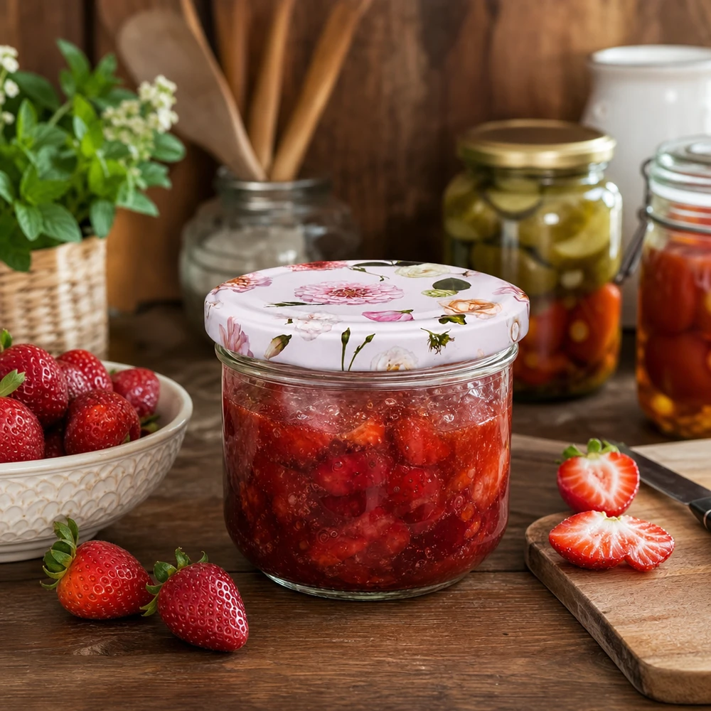 260 ml væltet glas + BasicSeal låg Blomst rosa UNiTWIST Konservesglas 260 ml med blomsterlåg fyldt med jordbærmarmelade - glas til marmelade og syltetøj i køkkenet