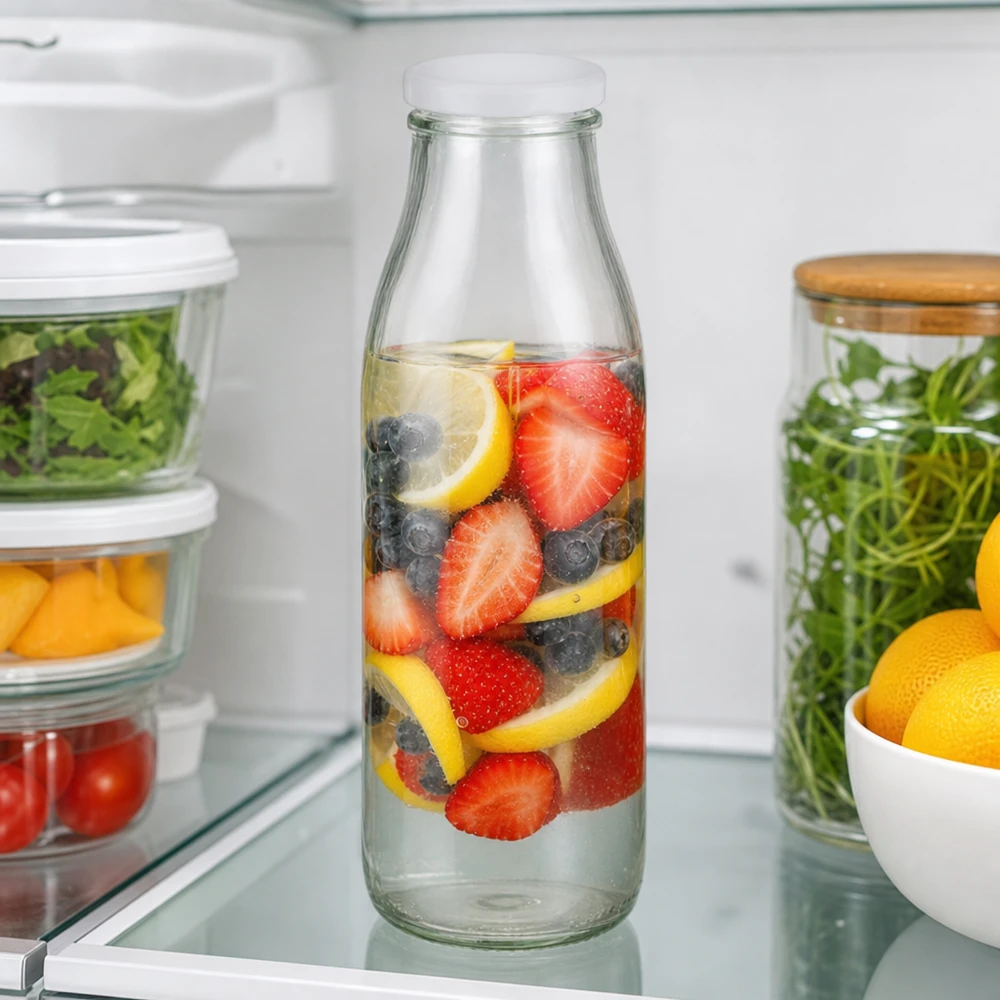 500 ml glasflaske + BasicSeal-låg hvid UNiTWIST. Absolut lækagesikker med stort TO48-låg. Til mælk, juice og limonade. 500 ml glasflaske med BasicSeal-låg fyldt med vand med bær og citron i køleskabet mellem friske fødevarer