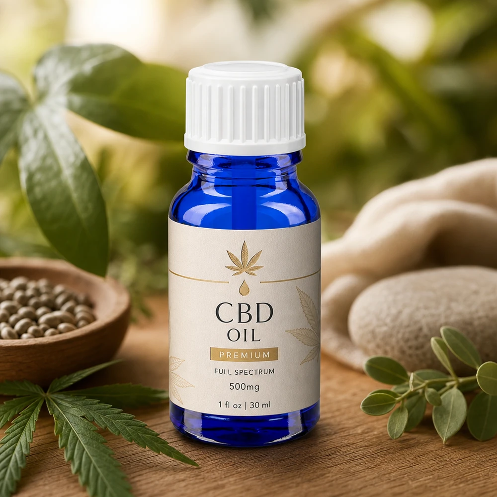 Blå 10 ml apotekerflaske med hvid penselapplikator til jævn påføring af CBD-olie
