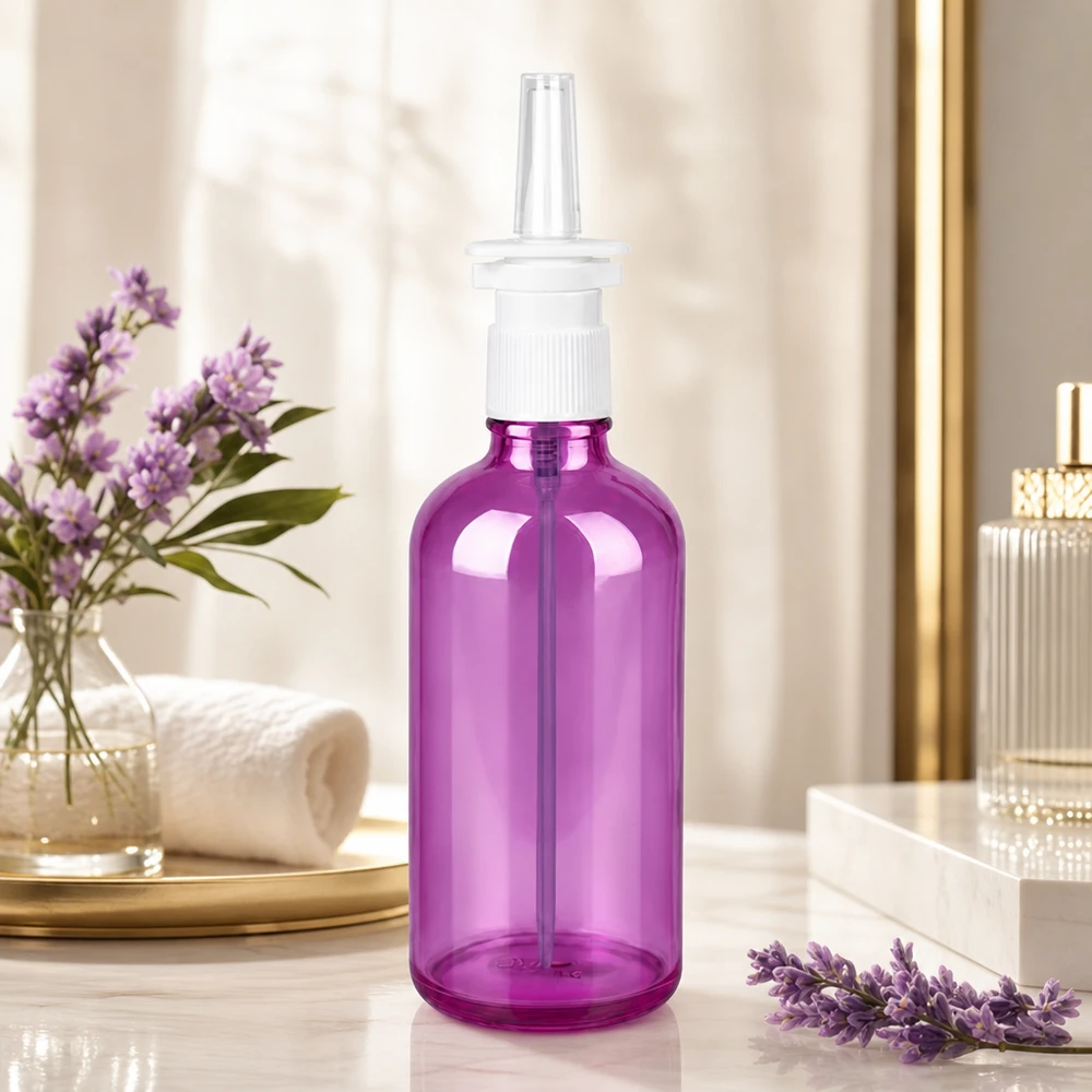 100 ml næsesprayflaske hvid/transparent standard PurpleLine UT18/100 Gennemsigtig sprayflaske 100 ml i elegant violet med præcist sprayhoved til doseret påføring
