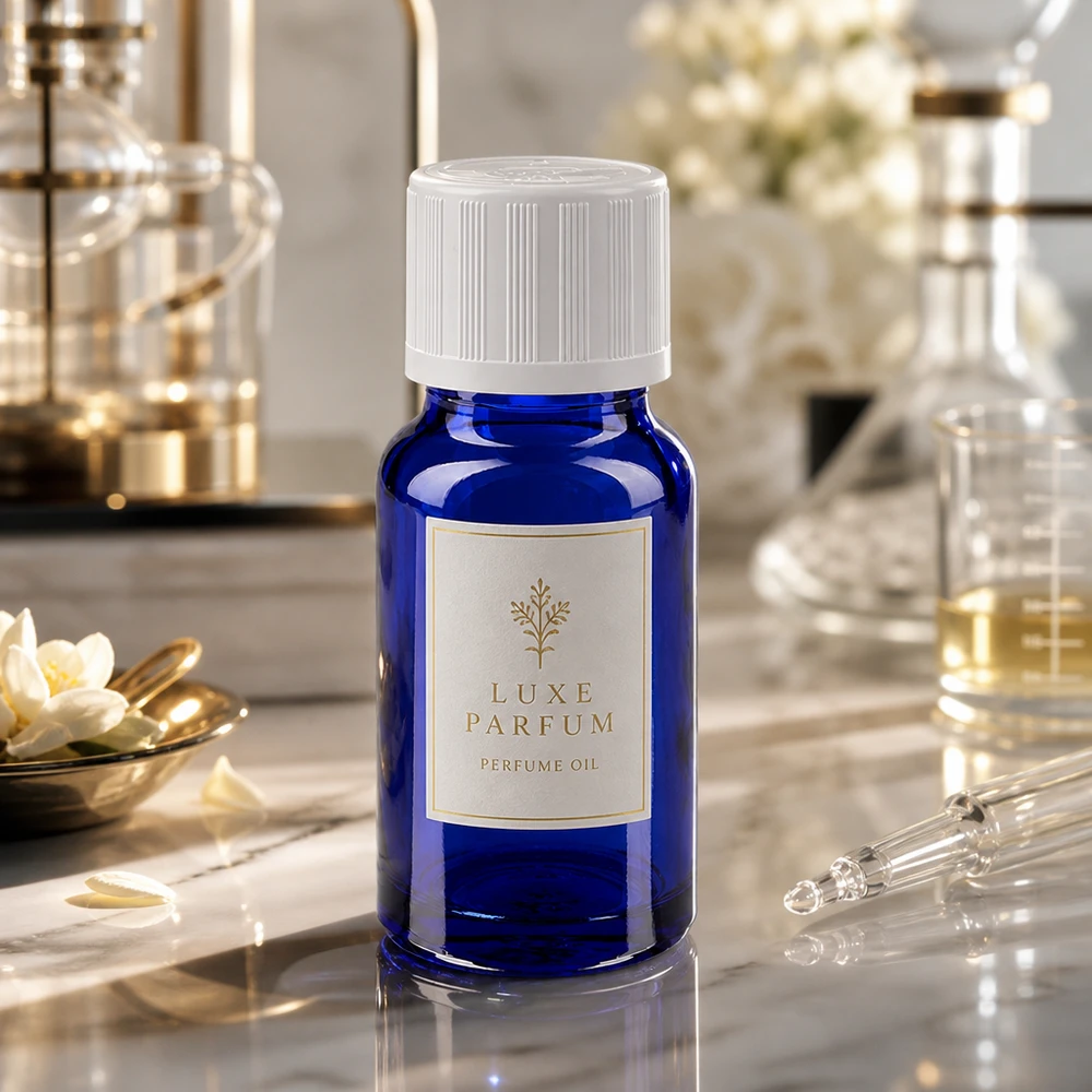 Luxe Parfum parfumeolie i en koboltblå 10 ml dråbeflaske med hvid børnesikret låg