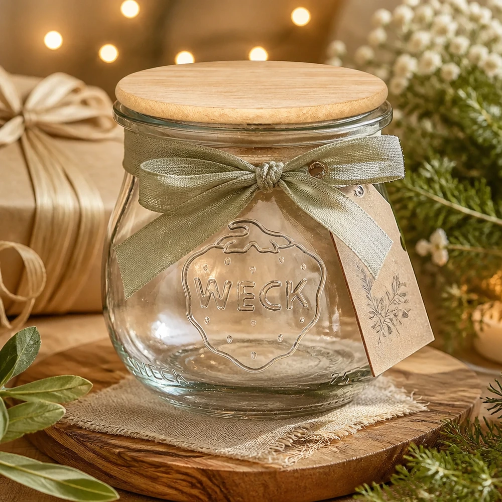 75 ml tulipankrukke WECK RR40 med trælåg WECK Tulpenglas 75ml mit Holzdeckel als Geschenkverpackung dekoriert mit Schleife für Marmelade und Konfitüre