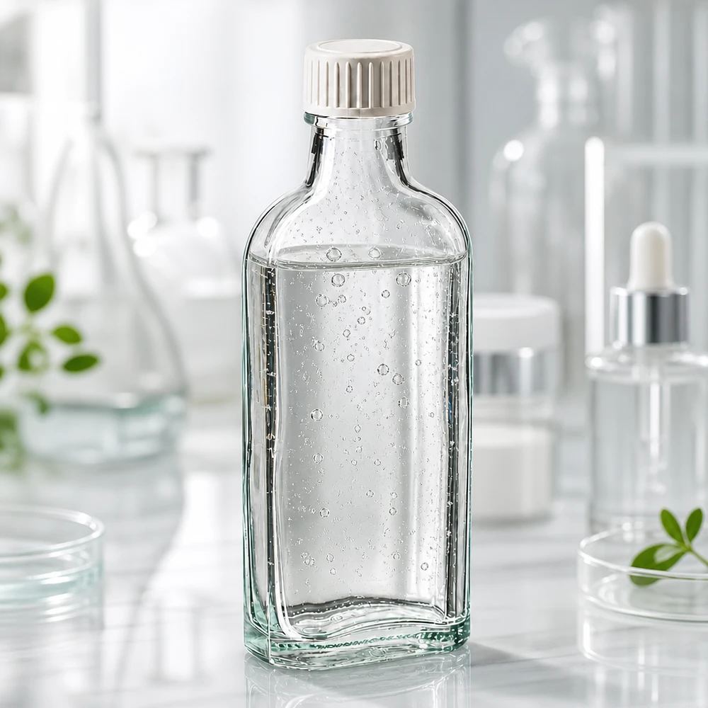 100 ml gennemsigtig Meplat-laboratorieflaske med skruelåg og PE-skumindlæg foran en hvid laboratoriebaggrund