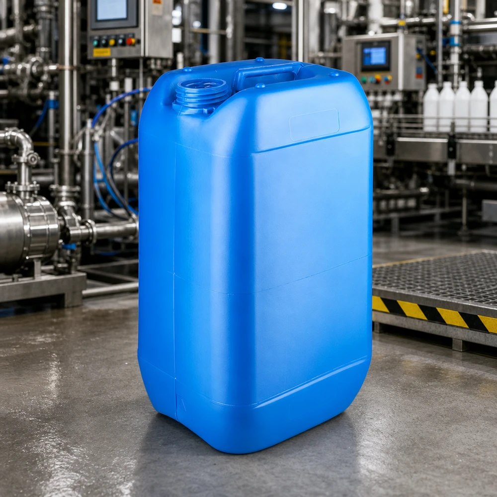 Kanister 15 liter blå uden låg Rektangulær blå dunk på 15 liter uden låg, med integreret bærehåndtag, fremstillet af robust plast