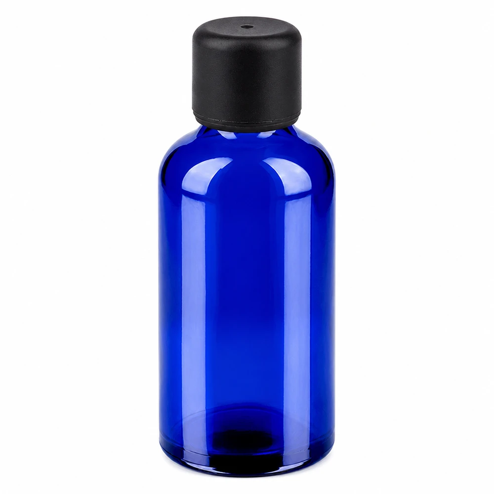 50 ml flaske 6 mm SV sort STD BlueLine UT18/50 Blå glasflaske 50 ml med sort hætte til æteriske olier og kosmetik