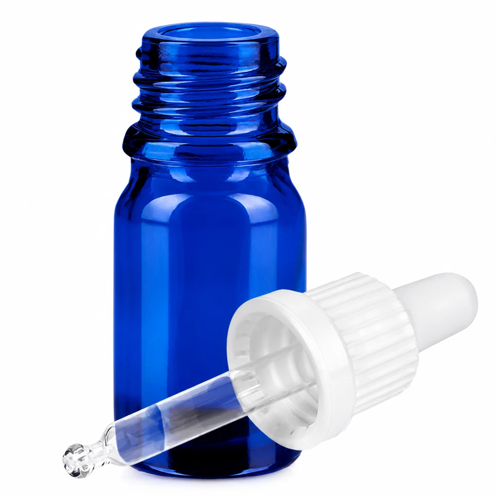 5 ml pipetteflaske hvid OV BlueLine UT18/5 Blå glasflaske 5 ml med pipette til æteriske olier og kosmetik