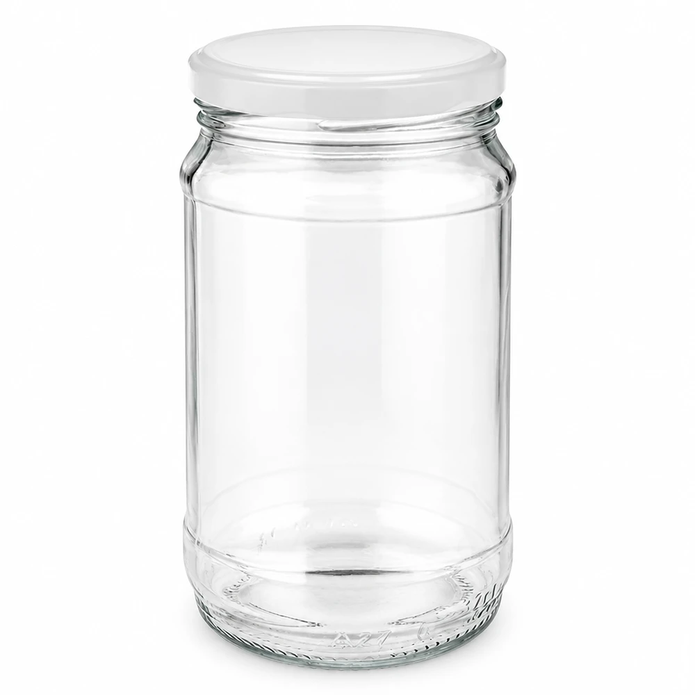 370 ml rundt glas med hvidt BasicSeal-låg fra UNiTWIST, tomt og gennemsigtigt på hvid baggrund