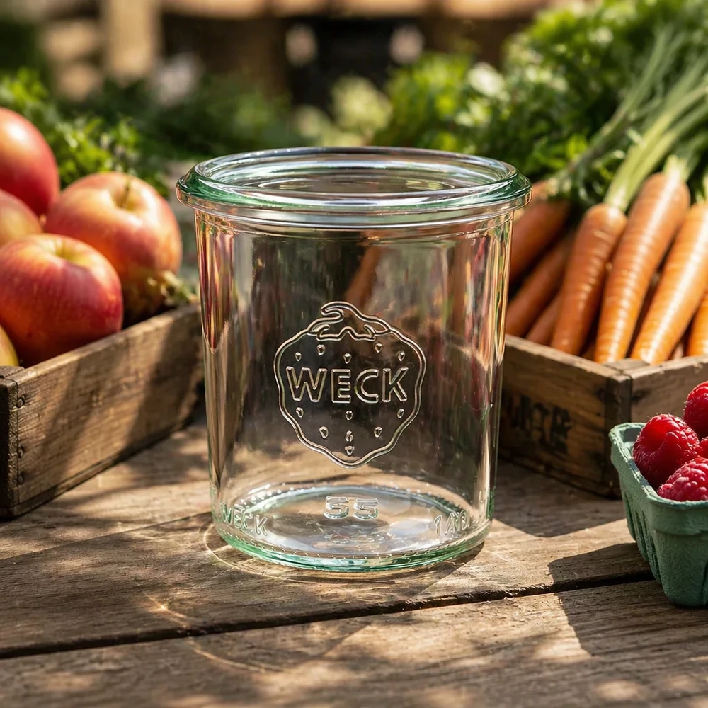 140 ml Briller WECK RR60 140 ml WECK RR60 syltetøjsglas på et træbord med frisk frugt og grøntsager i baggrunden