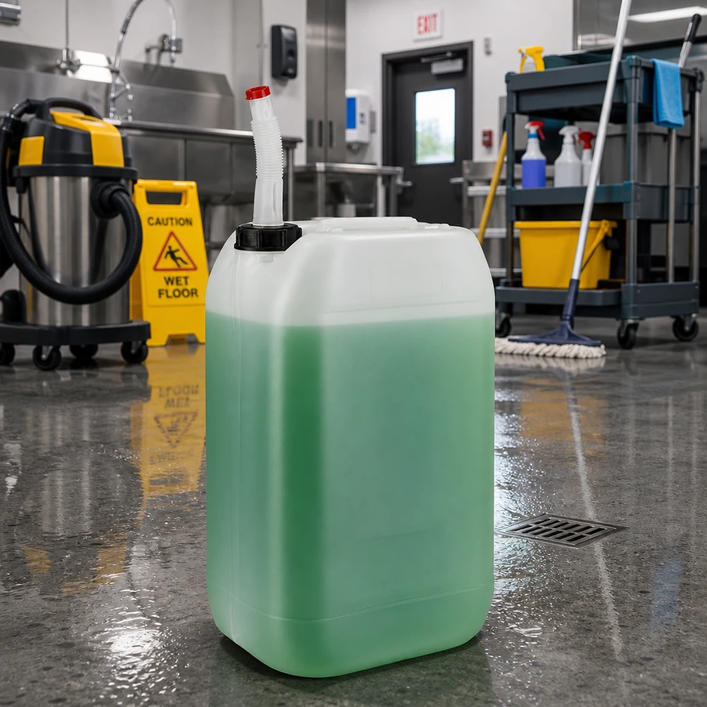 Beholder 15 liter med Flex-udløbsrør Grøn rengøringsvæske i en 15-liters dunk med fleksibelt udløbsrør på køkkengulvet