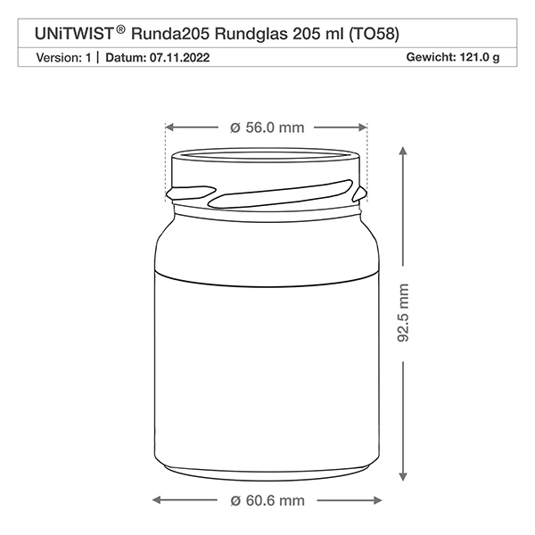 UNiTWIST Runda205 - Rund krukke med en kapacitet på 205 ml TO58 Teknisk tegning UNiTWIST Runda205 rundt glas 205ml TO58 med dimensioner Diameter 56mm Højde 92.5mm Vægt 121g