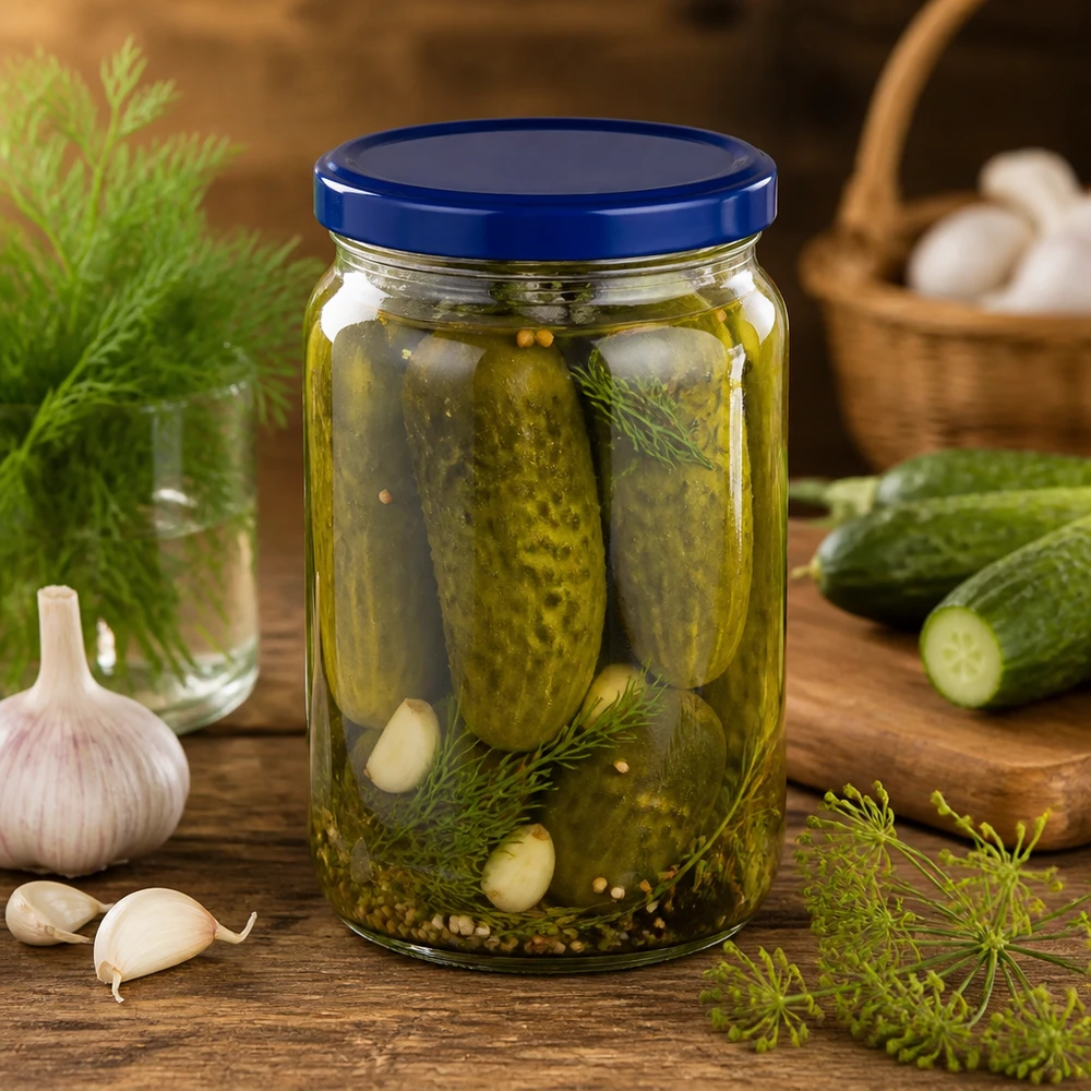 795 ml rund krukke + BasicSeal-låg blå UNiTWIST 795ml Rundglas mit blauem UNiTWIST Deckel für eingelegte Gurken mit Dill Knoblauch und Gewürzen perfekt zum Einmachen