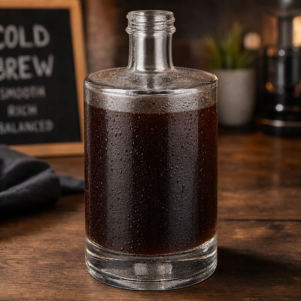 500 ml glasflaske »Sam« uden skruelåg UNiTWIST® 500 ml glasflaske Sam fyldt med koldbrygget kaffe kondensvanddråber caféstemning træbase