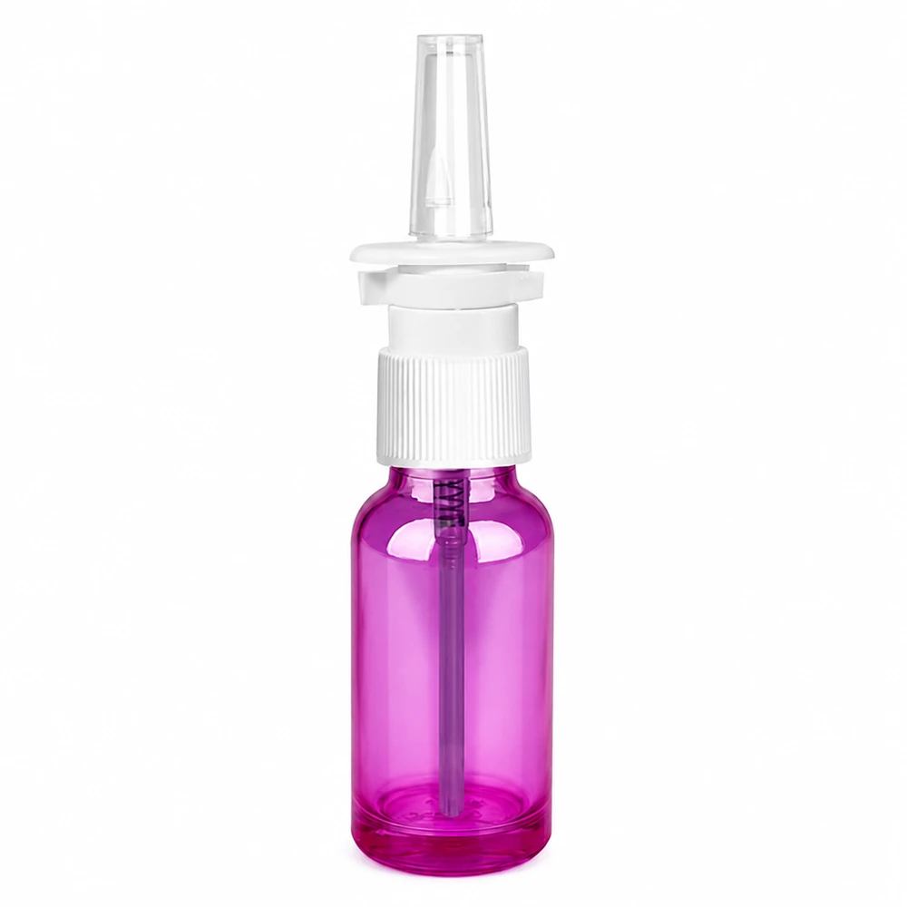 20 ml næsesprayflaske hvid/transparent standard PurpleLine. UT18/20 20 ml næsesprayflaske med gennemsigtigt sprayhoved i lilla farve til nasal anvendelse