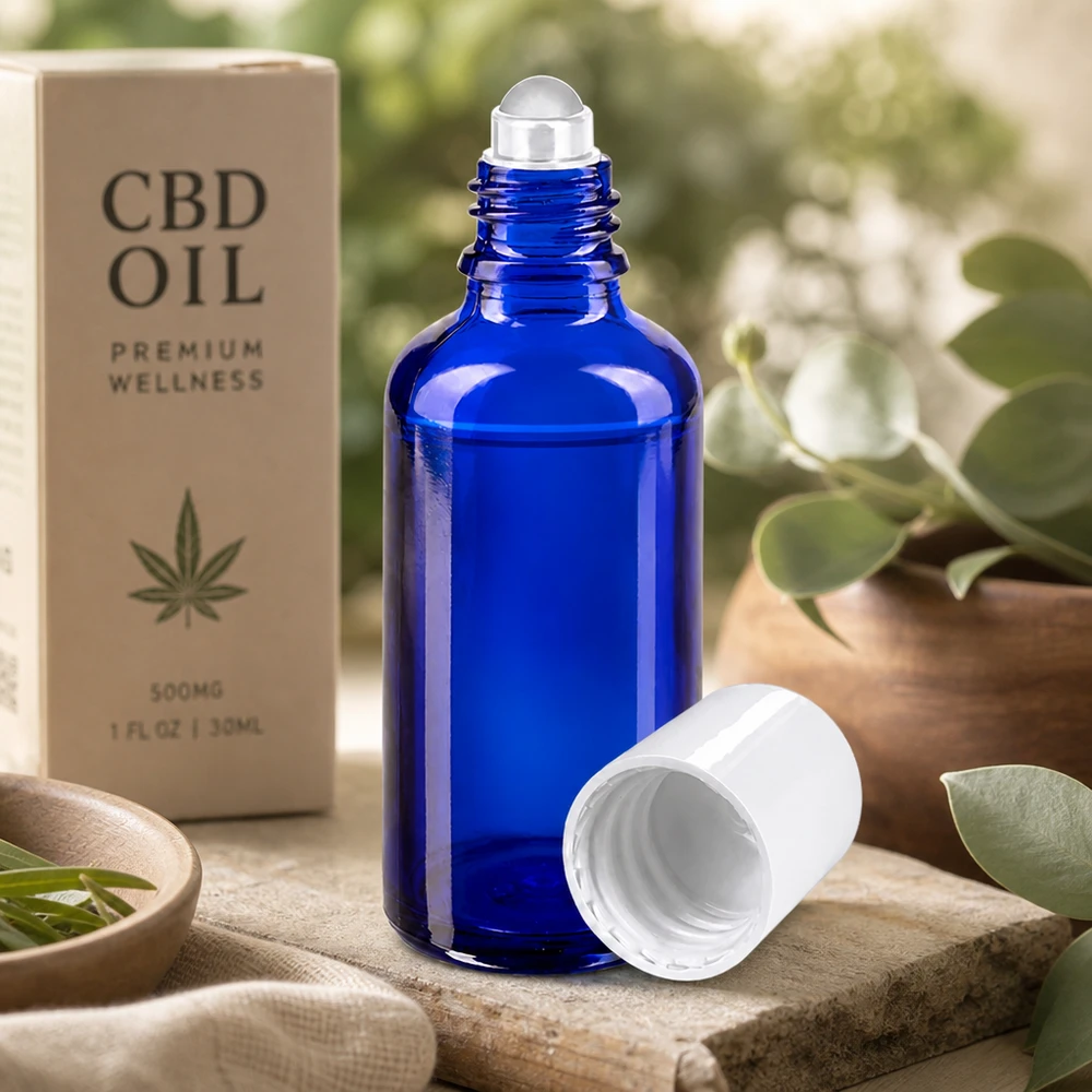 Apoteksflaske blå 50 ml roll-on-hætte hvid Blåt apotekerglas på 50 ml med rulleapplikator – ideelt til CBD-olieserum og kropsplejeprodukter