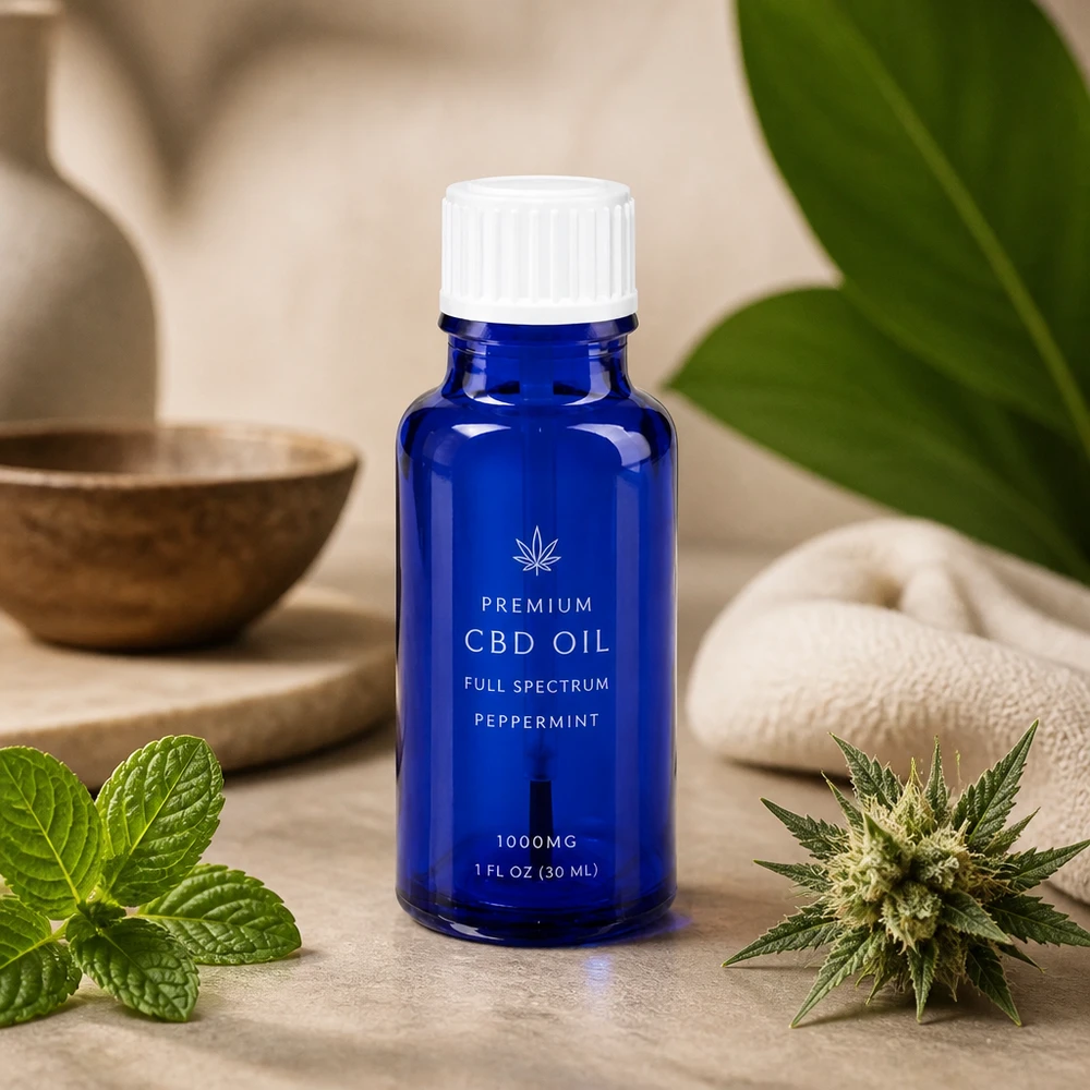 Lille flaske med penselåbning, 20 ml, blåt glas, STD, hvid prop dekoreret med pebermynteplante