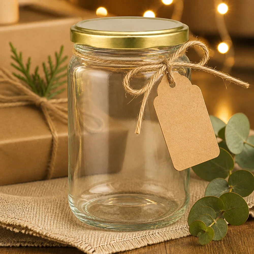 305 ml rund krukke med BasicSeal-låg i guld UNiTWIST 305ml Rundglas UNiTWIST gold mit Geschenkanhänger - leeres Einweckglas dekorativ präsentiert für Geschenkideen