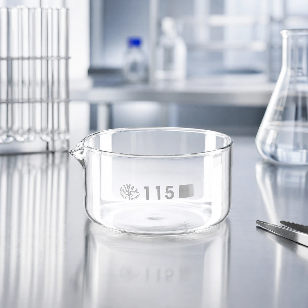 Krystalliseringsskål 500 ml med borosilikat-tud SIMAX-krystalliseringsskål, 500 ml, borosilikatglas på rustfrit stålbord i et professionelt laboratorium, ø 115 mm