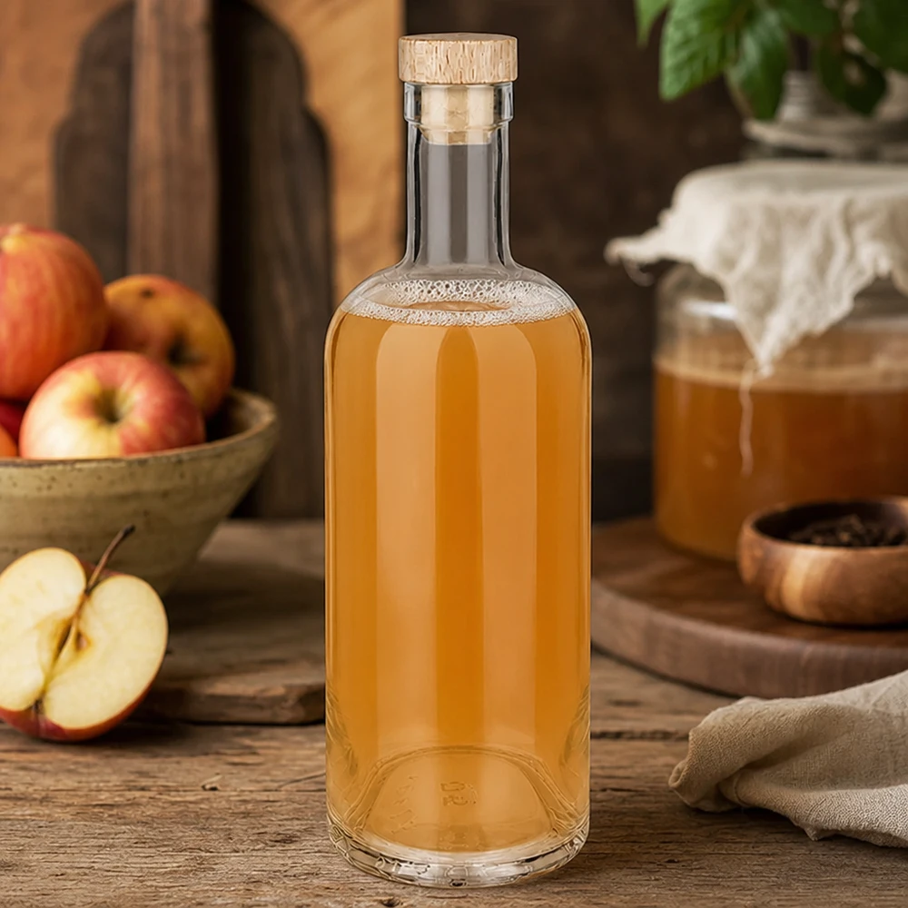 750 ml glasflaske »Emma« med træhåndtag UNiTWIST® 750ml Glasflasche Emma mit Holzkorken gefüllt mit Apfelsaft inmitten herbstlicher Apfel-Deko auf rustikalem Holztisch