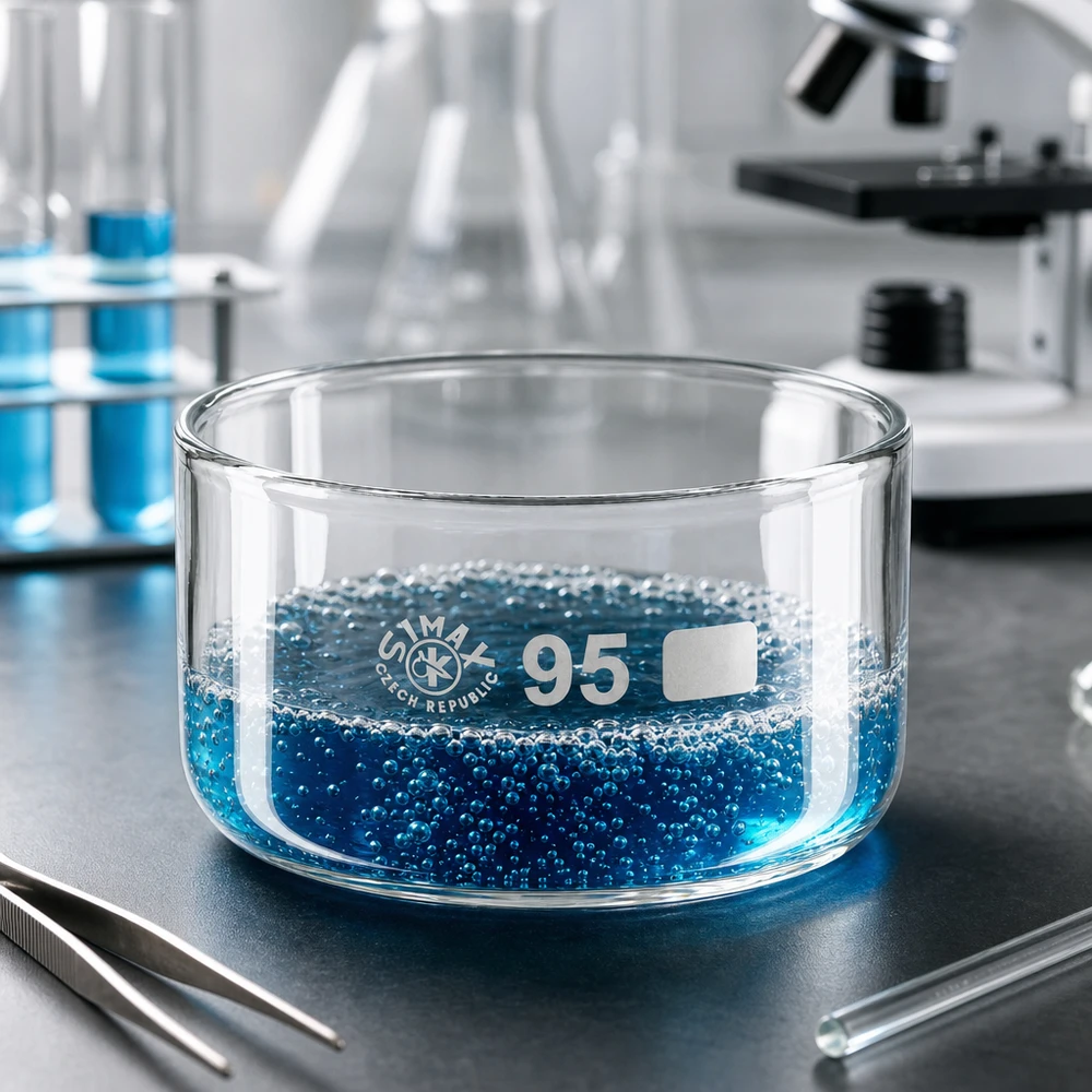 Krystalliseringsskål 300 ml uden tud Borosilikat Simax-krystalliseringsskål 300 ml, blå opløsning med perler, laboratorieopsætning, mikroskop, pincet