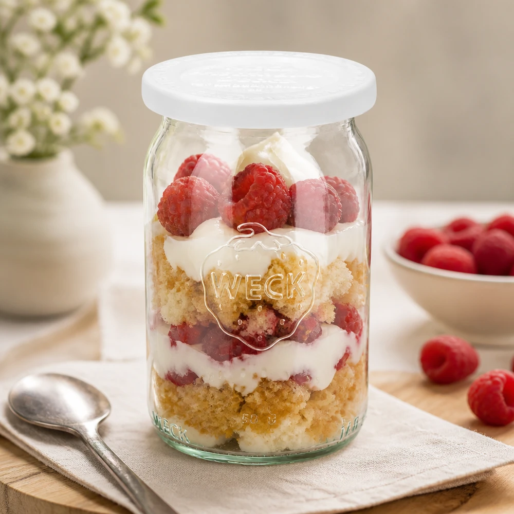 145 ml cylindrisk krukke med friskhedslåg. WECK RR40 WECK RR40 cylindrisk krukke 145 ml med lagdelt dessert af hindbær og fløde som en morgenmadskrukke på en lys bund