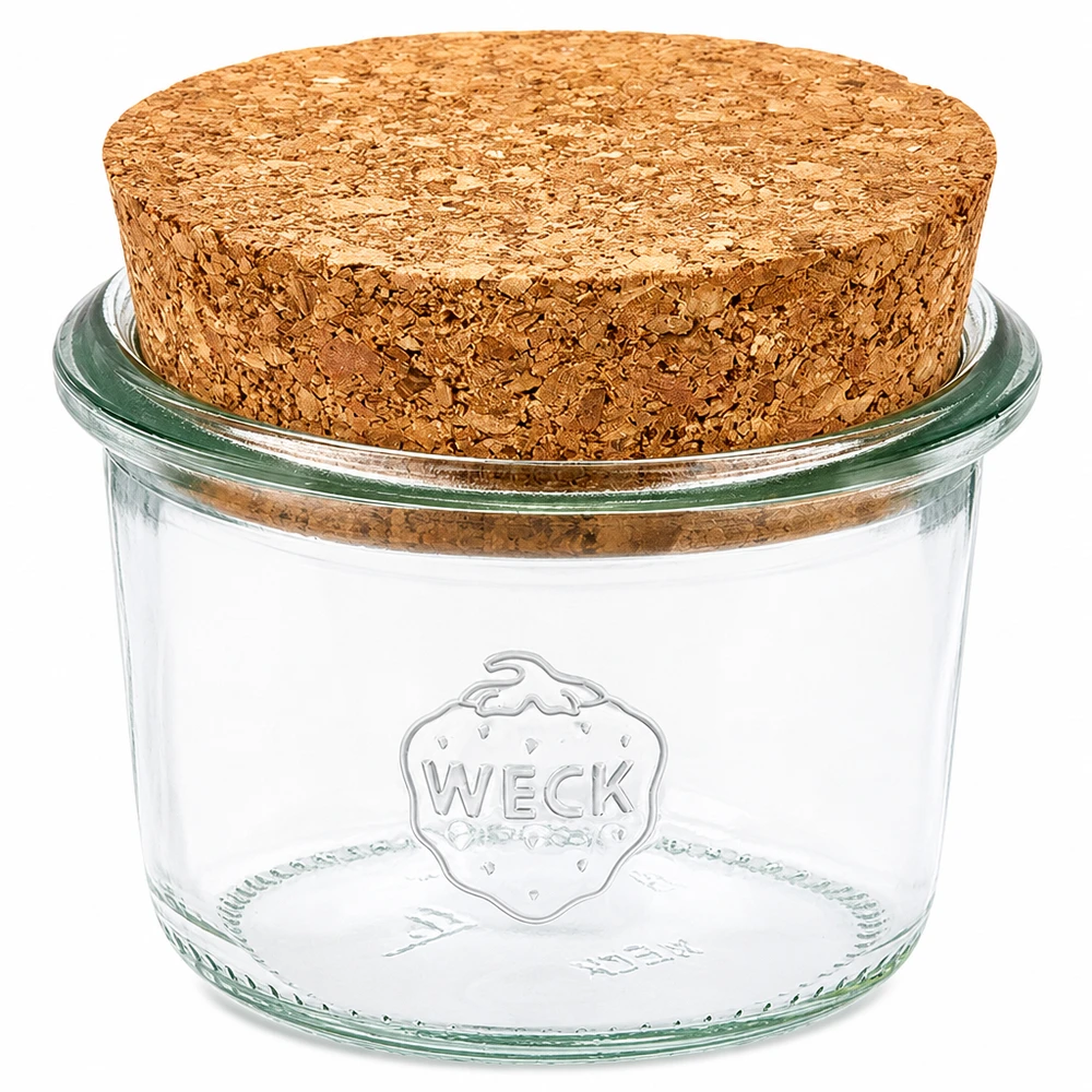 80 ml Briller WECK RR60 med kork natur WECK murerbalje 80 ml RR60 med naturkork-låg Konserveringskrukke af klart glas