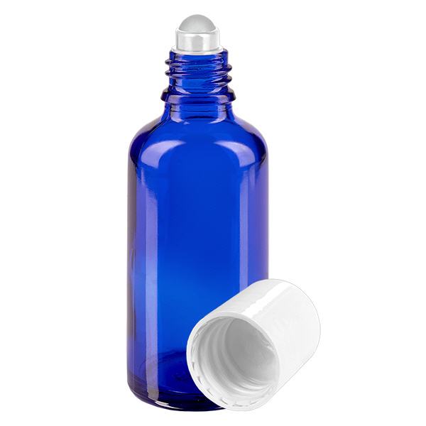 Apoteksflaske blå 50 ml roll-on-hætte hvid Apoteksflaske blå 50 ml roll-on-hætte hvid