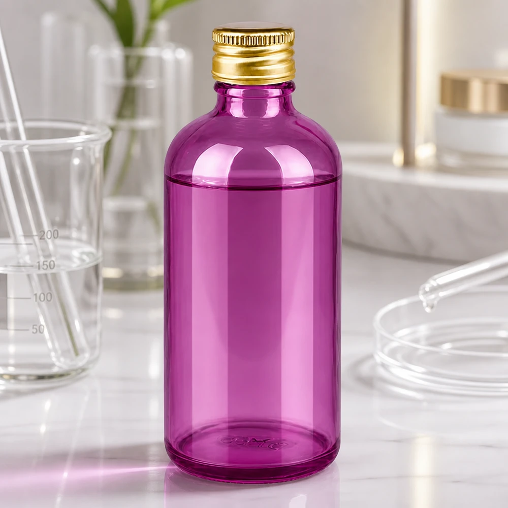 100 ml flaske 11 mm skruelåg aluminium guld standard PurpleLine. UT18/100 Lysbeskyttende violet glasflaske på 100 ml med aluminiumslåg til UV-følsomme aktive ingredienser