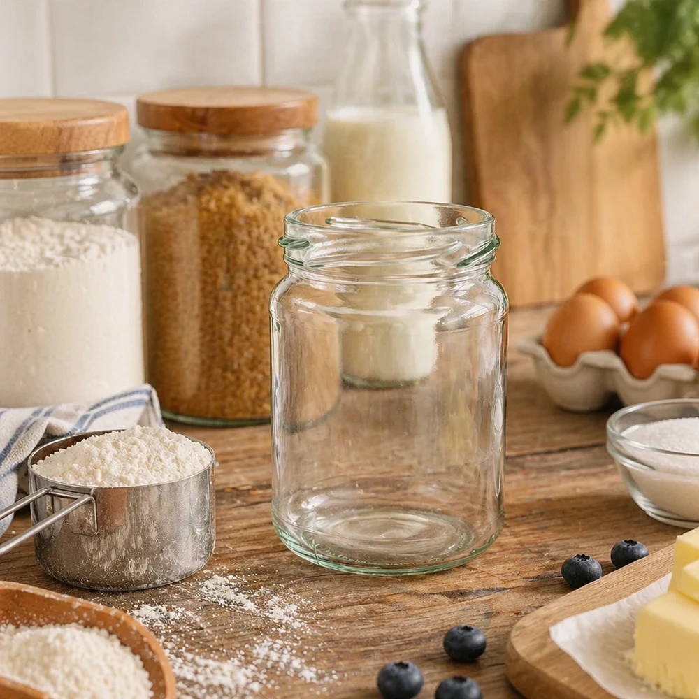 UNiTWIST Runda205 - Rund krukke med en kapacitet på 205 ml TO58 UNiTWIST Runda205 rund krukke 205ml TO58 konserveringskrukke tom på træplade med køkkenredskaber og ingredienser