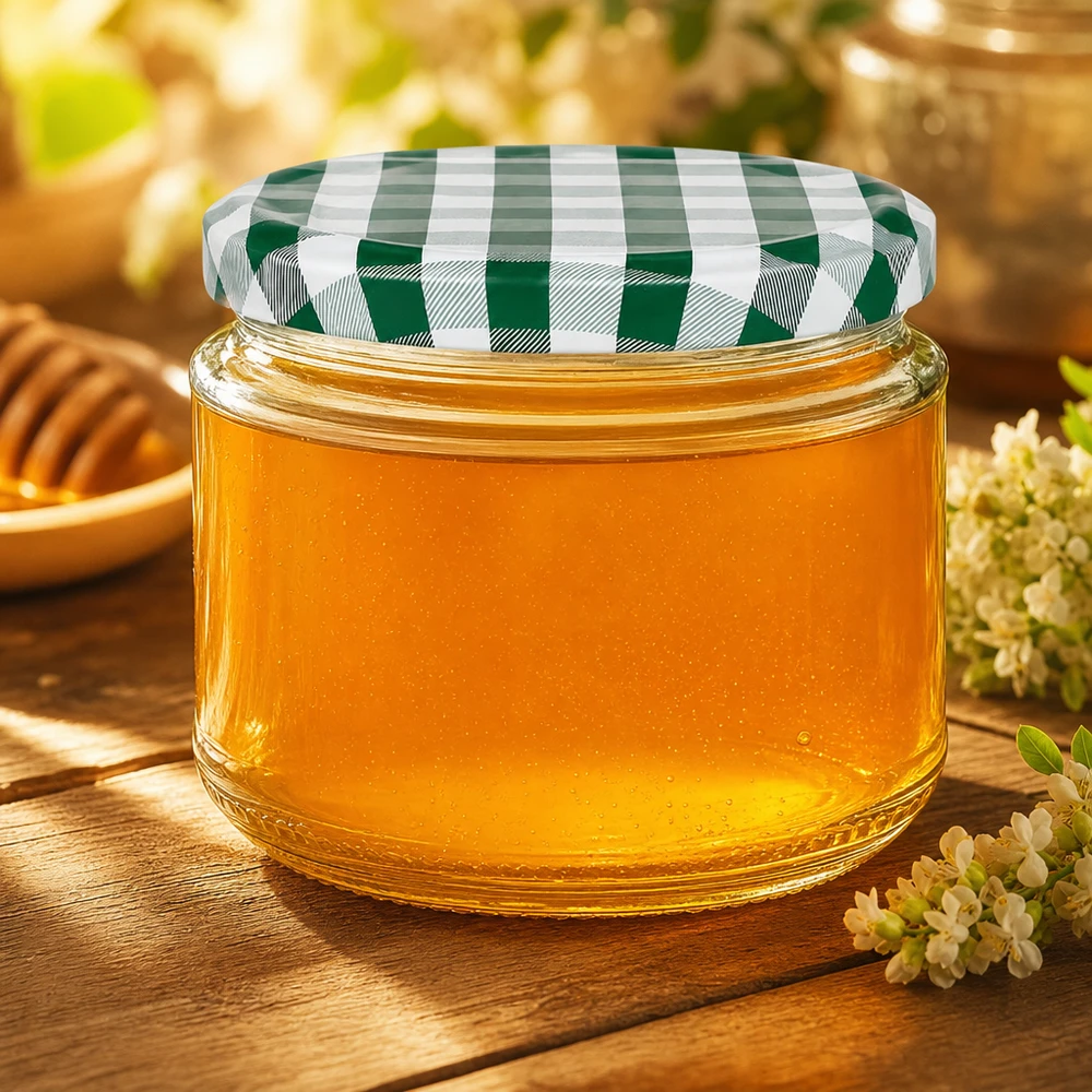 330 ml rund krukke + BasicSeal-låg grøn/hvid UNiTWIST 330 ml rund krukke fyldt med honning, grønt og hvidt BasicSeal-låg, honningkrukke på træbord dekoreret med blomster
