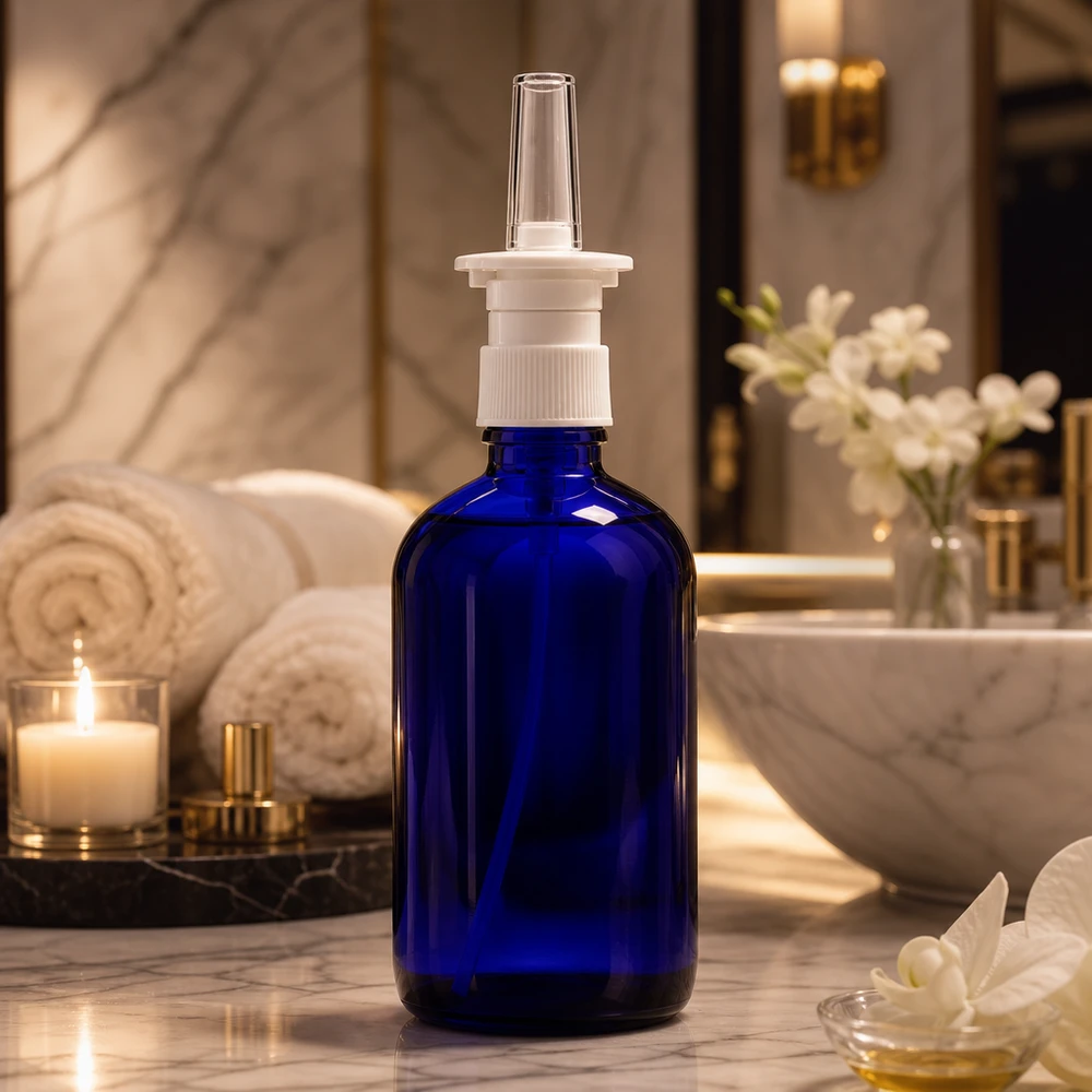 Apoteksflaske blå 100 ml næseforstøver hvid St Koboltblå 100 ml glasflaske med næsesprayhoved i et elegant, luksuriøst badeværelse med marmor