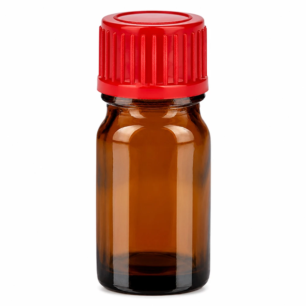 5ml flaske 11mm SV rød STD BrownLine UT18/5 5 ml ravfarvet glasflaske med rødt skruelåg til æteriske olier og laboratorieartikler