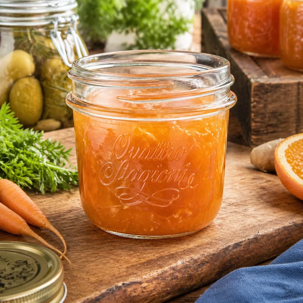 200 ml "Quattro Stagioni"-smykkeglas 200 ml Quattro Stagioni syltetøjsglas med appelsinmarmelade på en træplade ved siden af gulerødder og agurk