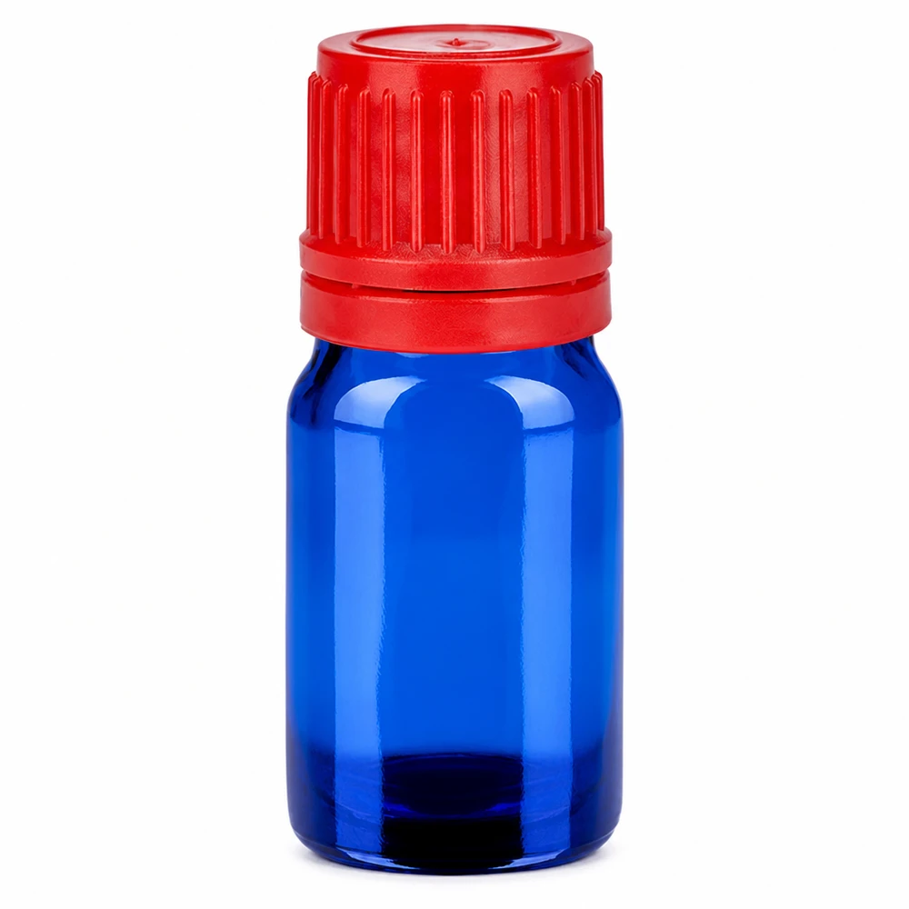 5 ml flaske 11 mm SV rød OV BlueLine UT18/5 5 ml blå glasflaske med rødt skruelåg 11 mm SV BlueLine UT18/5