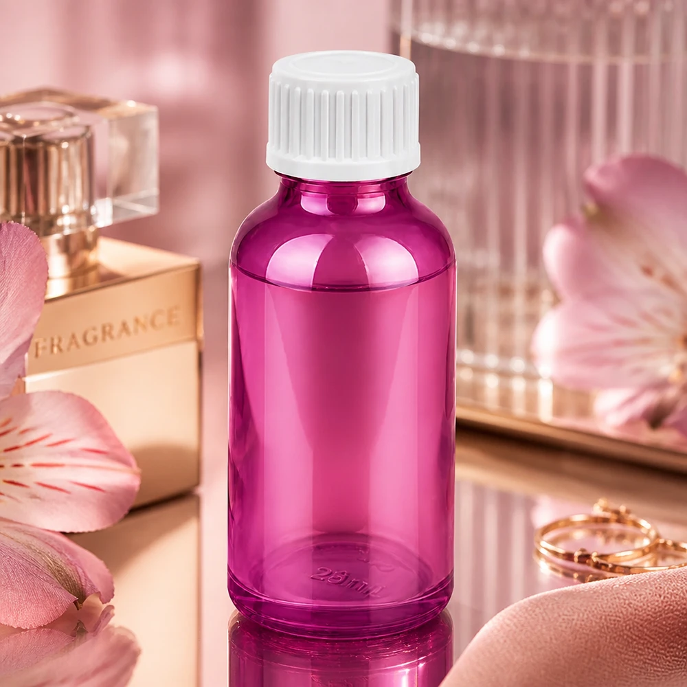 30 ml dråbeflaske 0,9 mm hvid standard PurpleLine. UT18/30 Lille 30 ml dråbeflaske i violet til aromaterapi og DIY-kosmetik med hvid hætte