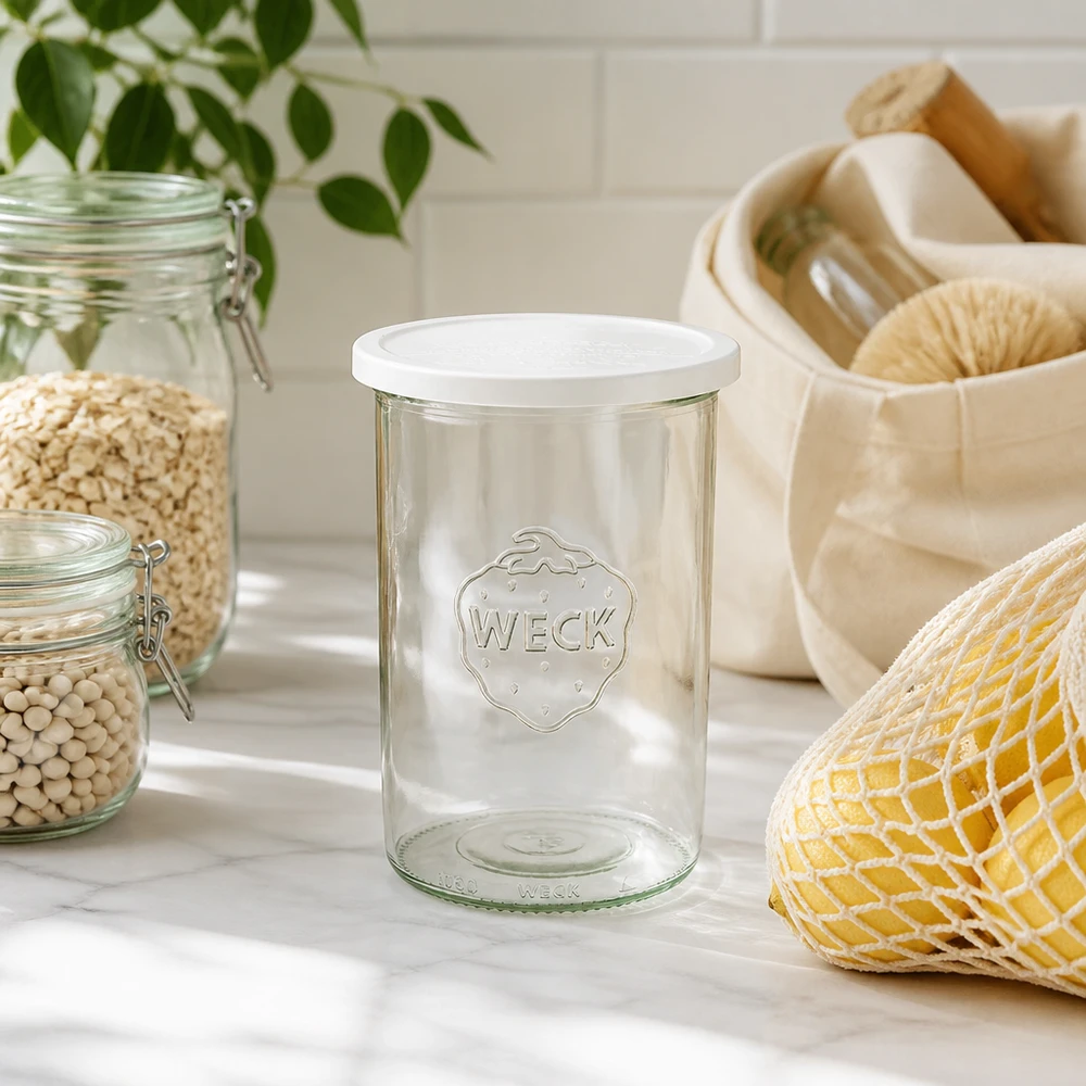 1000 ml Briller med friskhedslåg WECK RR100 WECK 1000 ml RR100-tumblere i et naturligt køkkenmiljø med bæredygtige opbevaringsredskaber og planter