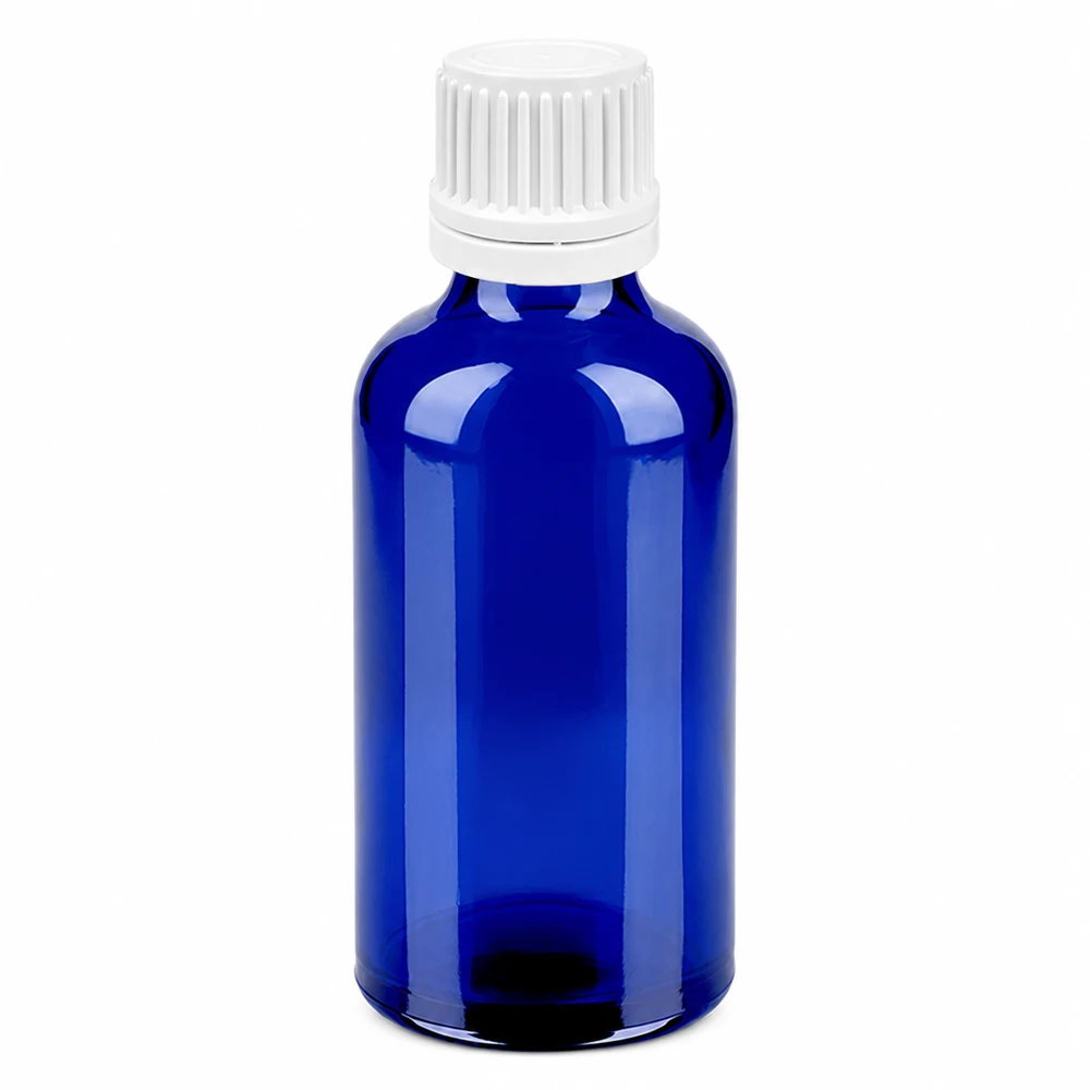 50 ml Dropperflaske 0,7 mm hvid OV BlueLine UT18/50 50 ml blå glasflaske med hvid 0,7 mm dråbehætte til præcis dosering BlueLine UT18/50