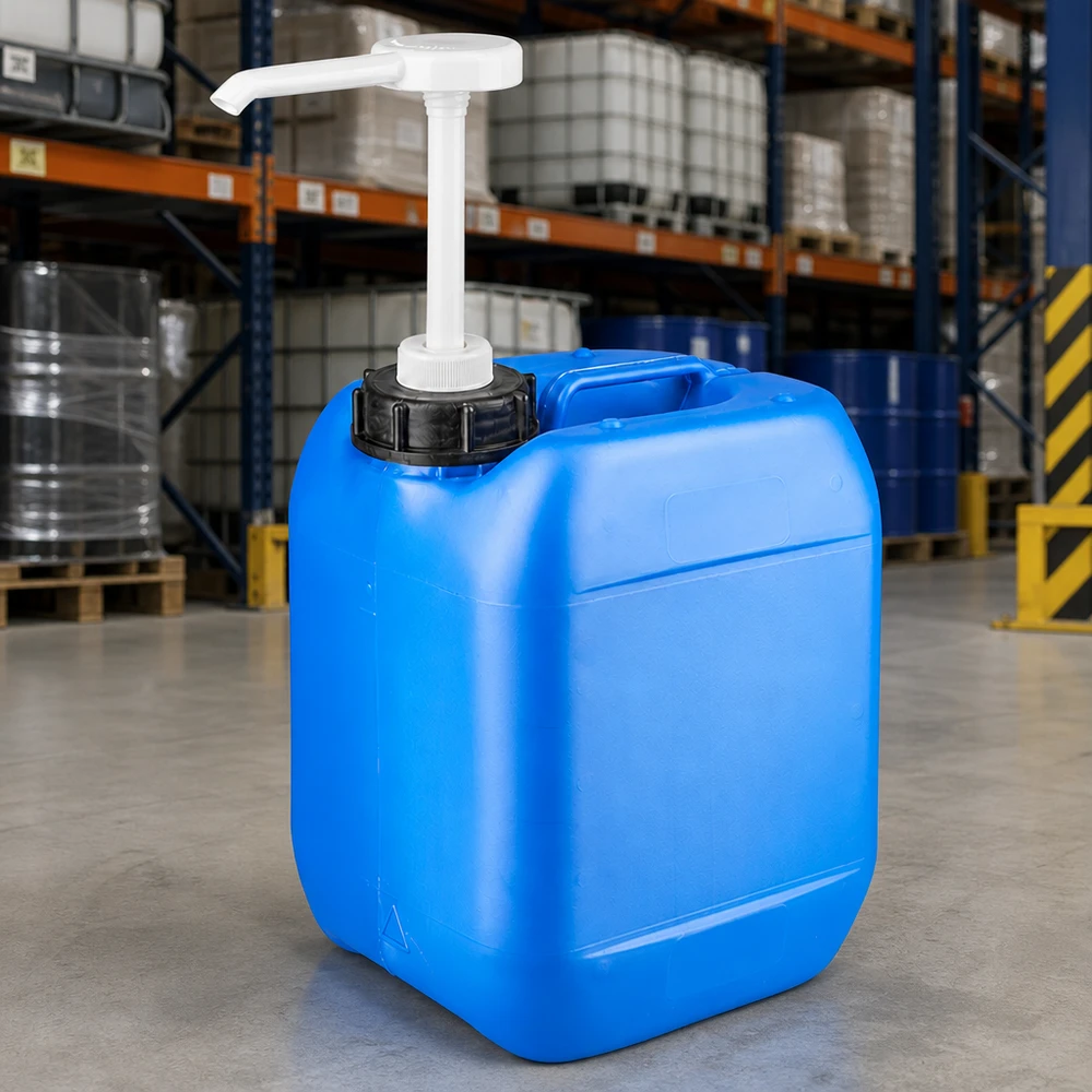 5 liters blå dunk med doseringspumpe Blå 5-liters HDPE-kanister med doseringspumpe i lageret på betongulvet