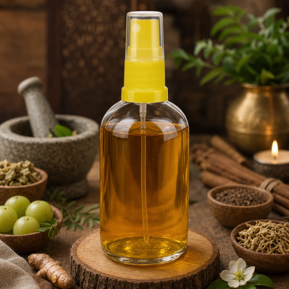 100 ml sprayflaske gul/tr. STD ClearLine UT18/100 Ayurvedisk urteoliesprayflaske, 100 ml, gul og gennemsigtig, med pumpe, ClearLine