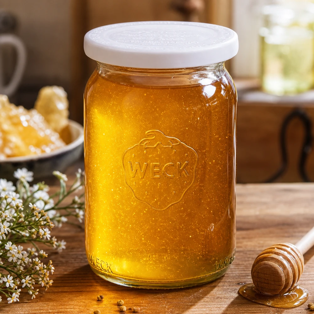 145 ml cylindrisk krukke med friskhedslåg. WECK RR40 WECK cylinderglas 145 ml RR40 fyldt med honning på en træplade dekoreret med en honningske og kamilleblomster