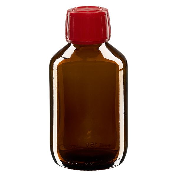 150 ml medicinflaske brun, rød hætte med tyverisikring ApoGlas. Farmaceutisk kvalitet fra EU-produktion. 28 mm (PP28) gevind. (sirup, lys glasflaske) 150 ml medicinflaske brun, rød hætte med tyverisikring ApoGlas. Farmaceutisk kvalitet fra EU-produktion. 28 mm (PP28) gevind. (sirup, lys glasflaske)