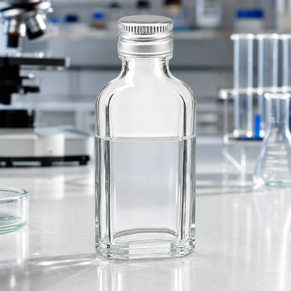 50 ml Meplat klar med aluminiumshætte sølv PP22 Rektangulær 50 ml glasflaske, Meplat, klar, med sølvfarvet PP22-aluminiumslåg til brug i laboratoriemiljøet