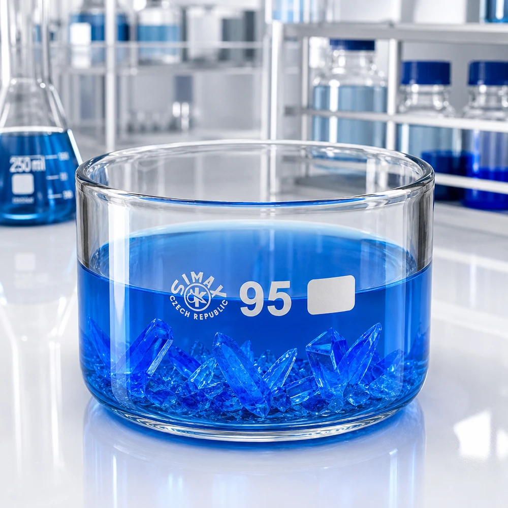 Krystalliseringsskål 300 ml uden tud Borosilikat Blå krystaller i en 300 ml Simax-krystallisationsskål (95 mm) – laboratorieeksperiment: krystallisation
