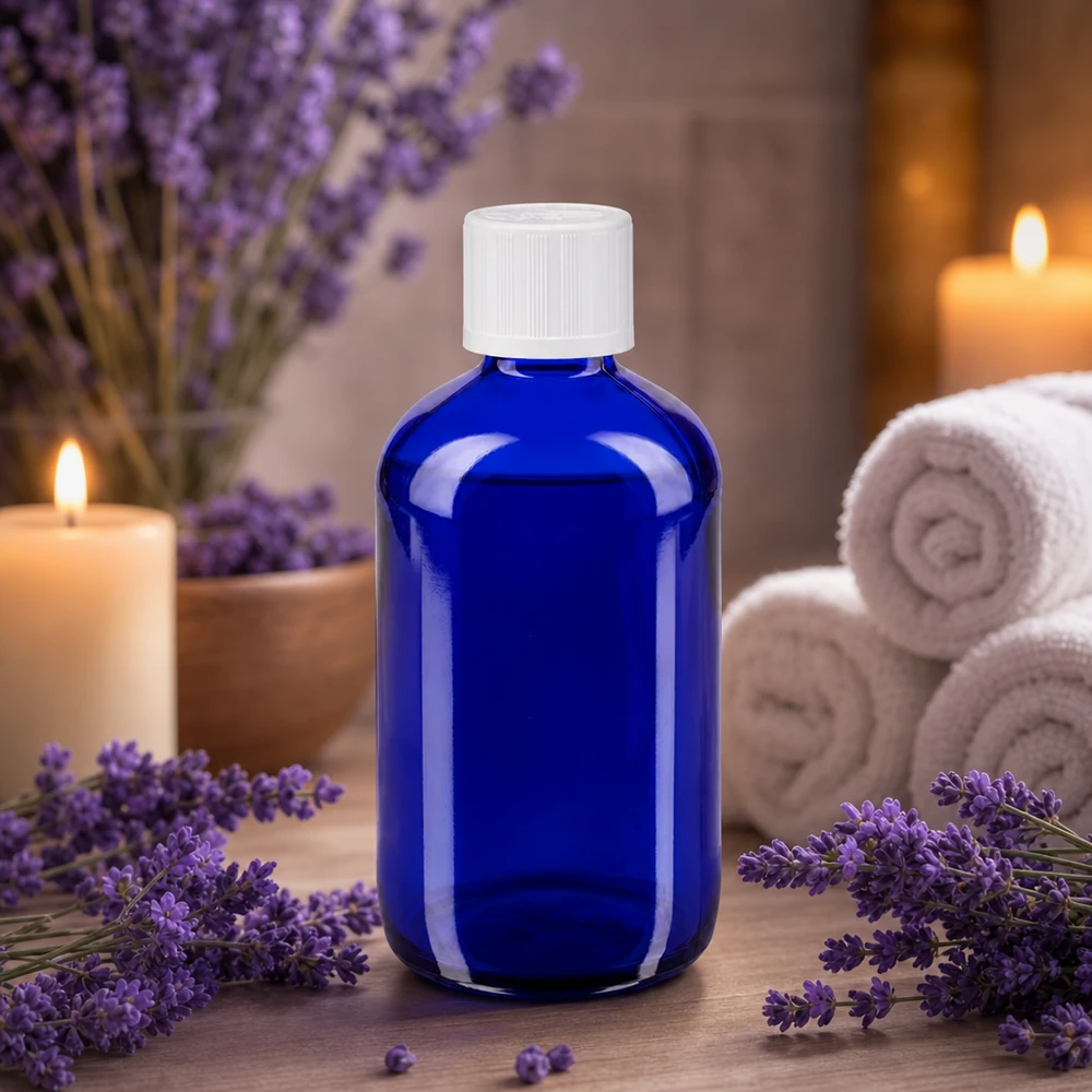 Apoteksflaske blå 100 ml dråbetæller hvid KiSi St Blå 100 ml apotekerflaske med hvid børnesikret låg mellem lavendelblomster og stearinlys