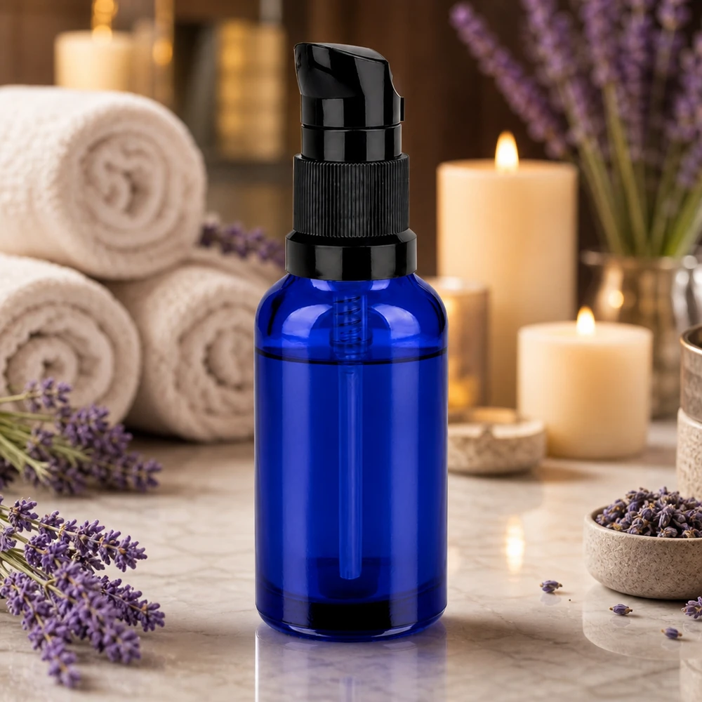 30 ml pumpeflaske sort STD BlueLine UT18/30 Sort pumpedispenser på en blå 30 ml glasflaske til kosmetiske produkter af høj kvalitet