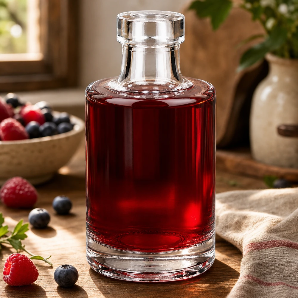 100 ml glasflaske »Marie« uden lukning UNiTWIST® 100 ml glasflaske med Marie fyldt med rødbærsirup ved siden af friske hindbær og blåbær på et træbord